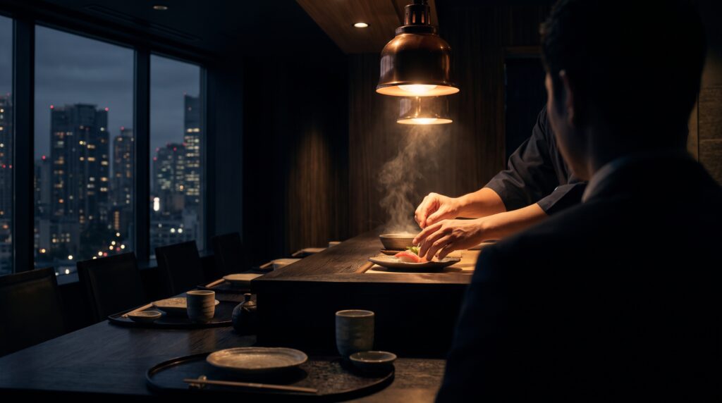 東京の夜景を望むカウンターで料理を仕上げる料理人の手元